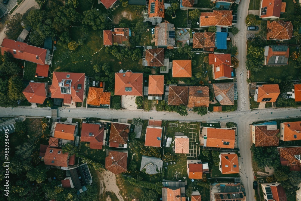 Fototapeta premium Drone View of a Small Rural Settlement with Red Roofs and Greenery – Ideal for Posters and Stock Imagery