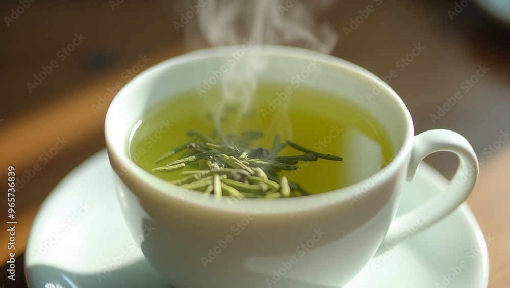 Steaming green tea cup with leaves on saucer high res Steaming green tea cup with leaves on saucer high res