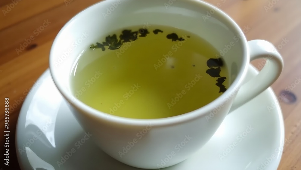 Steaming green tea cup with leaves on saucer high res Steaming green tea cup with leaves on saucer high res