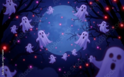 Cute white ghosts flying in a spooky dark blue forest with pink lights, perfect for Halloween greeting cards and social media posts. 