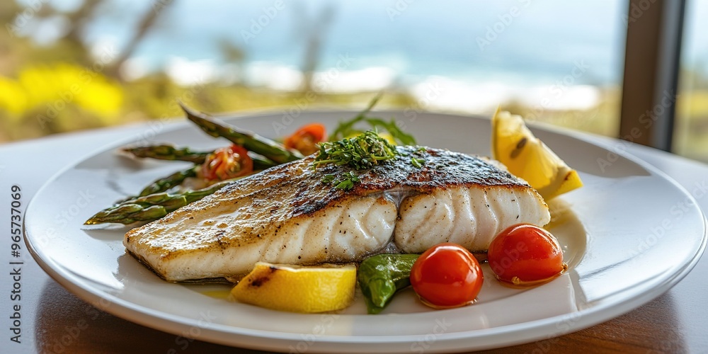 Fresh Barramundi fish with tomatoes and lemon slices Fresh Barramundi fish with tomatoes and lemon slices