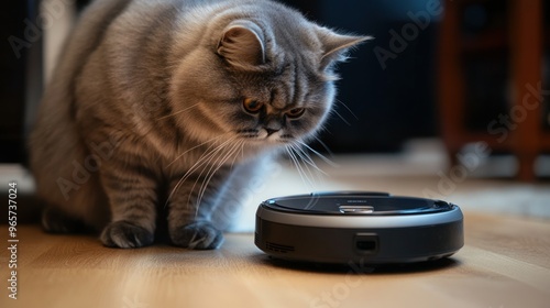 A curious cat observes a robotic vacuum cleaner on a wooden floor.