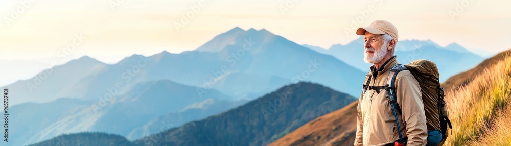 senior man hiking in mountain landscape with backpack and cap at sunset. senior man hiking in mountain landscape with backpack and cap at sunset.