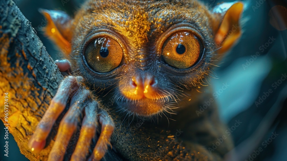 Enchanting Tarsier Perched on Branch in Lush Jungle Habitat Enchanting Tarsier Perched on Branch in Lush Jungle Habitat