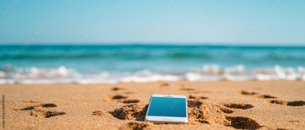 smartphone on sandy beach with ocean waves in background - digital detox, summer vacation, mindfulness, relaxation, technology break smartphone on sandy beach with ocean waves in background - digital detox, summer vacation, mindfulness, relaxation, technology break