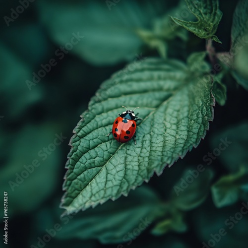 A ladybug rests on a large green leaf.