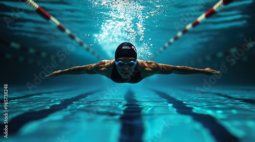 Swimmer Doing Laps in an Olympic Sized Pool for Sports and Fitness. photo