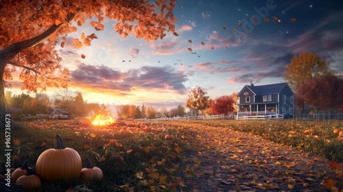 A cozy pumpkin patch festival during Halloween hayrides photo