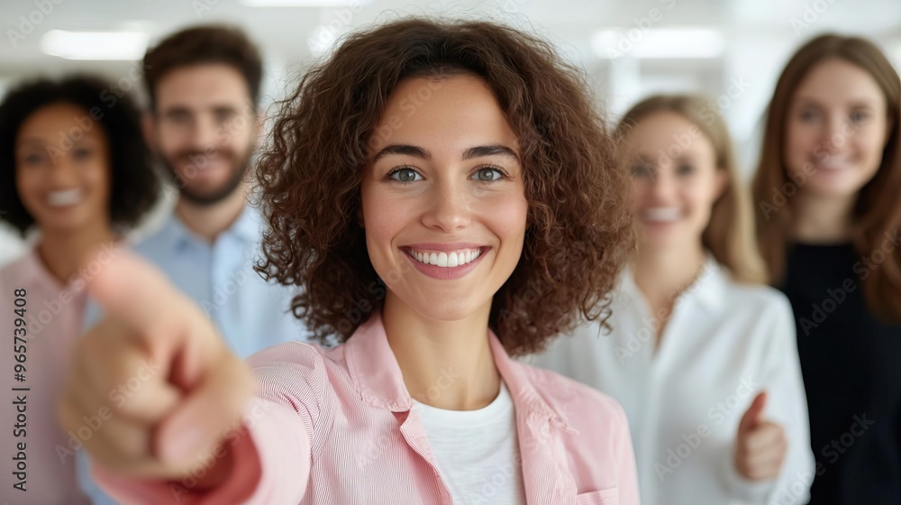 Smiling businesswoman pointing at the camera with her team in the background. Smiling businesswoman pointing at the camera with her team in the background.