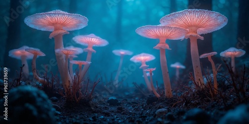 Glowing mushrooms illuminate a misty forest floor.