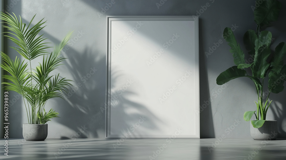 Artistic Studio Interior with Blank Poster Frame and Realistic Green Plant Decor Artistic Studio Interior with Blank Poster Frame and Realistic Green Plant Decor