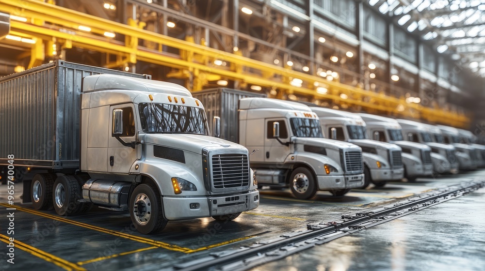 Fleet of white semi trucks parked inside logistics hub warehouse