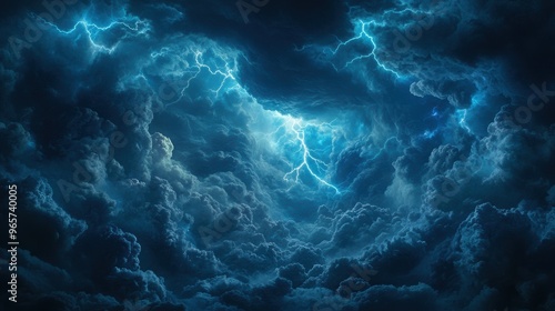 Intense lightning bolt illuminates swirling dark storm clouds, creating a dramatic and powerful atmospheric scene.