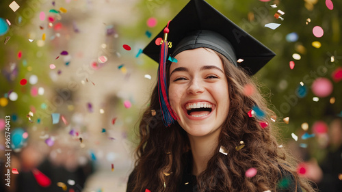 A happy woman in a graduation with confetti photo