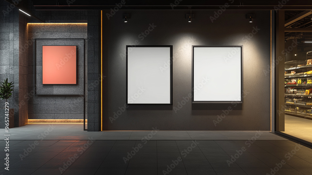A mockup of an empty, blank poster frame on the wall A mockup of an empty, blank poster frame on the wall