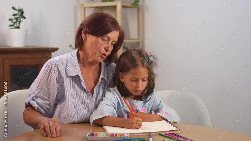 Grandmother watching girl as she draws with colored pencil in book at home. The scene captures a moment of encouragement and admiration as the child engages in her creative activity Grandmother watching girl as she draws with colored pencil in book at home. The scene captures a moment of encouragement and admiration as the child engages in her creative activity