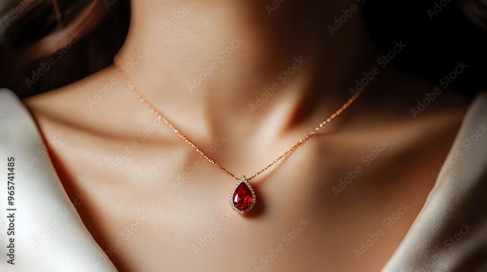 Elegant teardrop ruby pendant necklace on a woman's neck. Elegant teardrop ruby pendant necklace on a woman's neck.