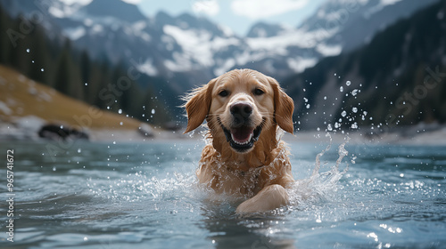 Pure Happiness: Golden Retriever Frolicking in a Lake, Water Droplets in the Air