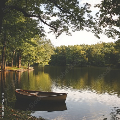 A lone boat sits on a calm lake surrounded by lush greenery.