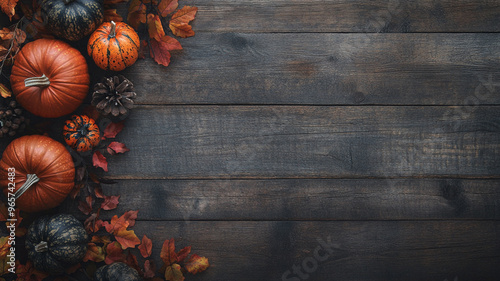 A rustic wooden background with an autumn theme and pumpkins copy space