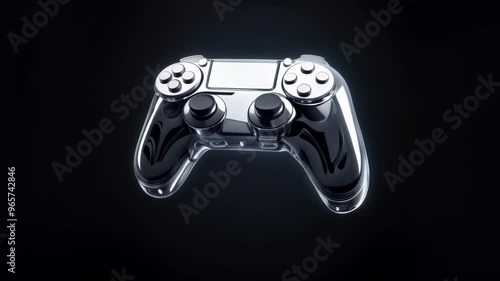 Silver metallic game controller with sleek design rotate around on dark background
