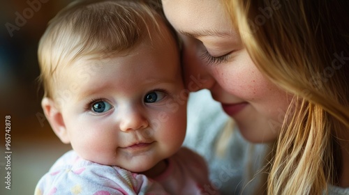 A mother holds her baby close, cradling the infant in her arms. The mother's gaze is full of love and care, while the baby feels safe and secure in her mother's embrace