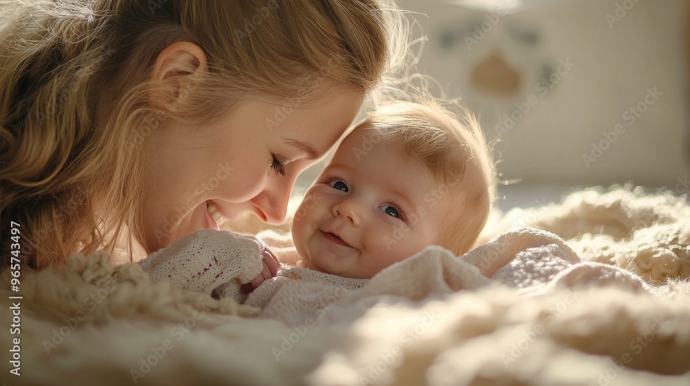 A mother holds her baby close, cradling the infant in her arms. The mother's gaze is full of love and care, while the baby feels safe and secure in her mother's embrace A mother holds her baby close, cradling the infant in her arms. The mother's gaze is full of love and care, while the baby feels safe and secure in her mother's embrace