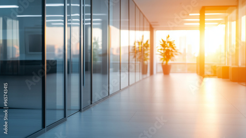 Blurred modern office corridor with glass walls and warm ambient lighting, minimalist furniture seen through the glass, sleek workspace environment