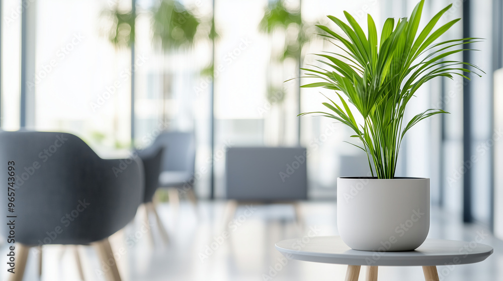 Clean, modern office space filled with natural light, minimalist furniture and potted plants, soft blurred background, professional and open environment