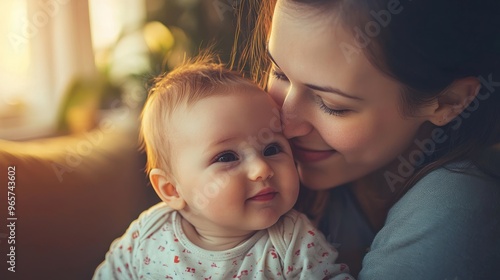 A mother holds her baby close, cradling the infant in her arms. The mother's gaze is full of love and care, while the baby feels safe and secure in her mother's embrace