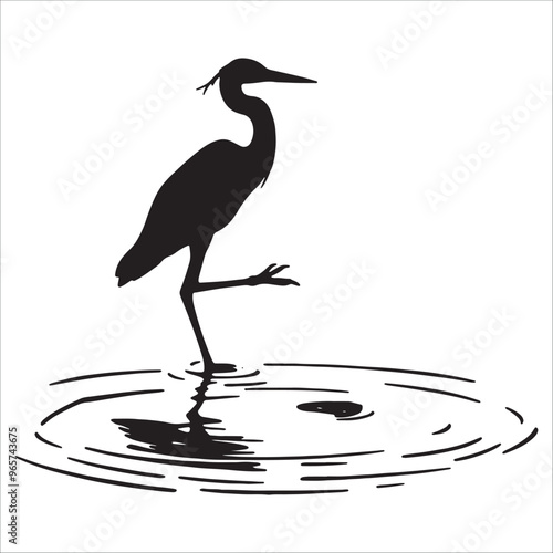 Black and White Heron Illustration Standing in Water - Minimalist Wildlife Art with Ripples.