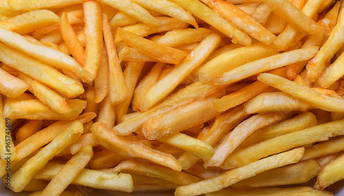 Fried french fries for background. Tasty fast food. Delicious snack. Cooking and culinary concept.