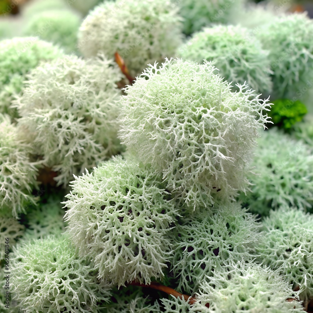 
Reindeer moss (reindeer moss): The texture of fluffy, loose moss with small branched fibers. The surface is heterogeneous, with variations in density, from light gray to rich green.