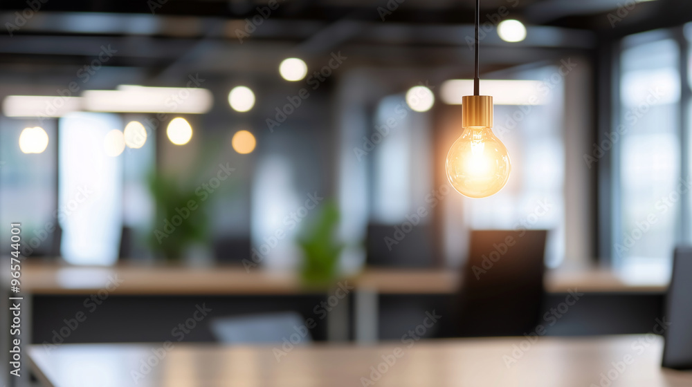 Modern industrial-style office with an open ceiling and warm ambient lighting, blurred background showing workstations and sleek design, professional atmosphere Modern industrial-style office with an open ceiling and warm ambient lighting, blurred background showing workstations and sleek design, professional atmosphere