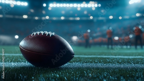 American Football on Green Field with Stadium Lights