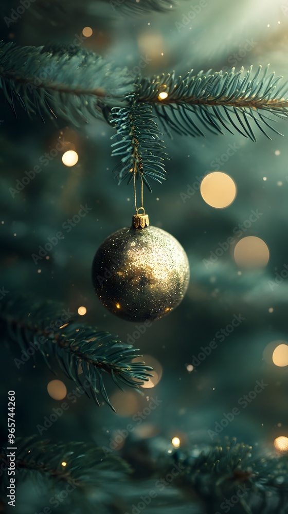 Christmas Ornament on Green Pine Tree Branch with Golden Lights Christmas Ornament on Green Pine Tree Branch with Golden Lights