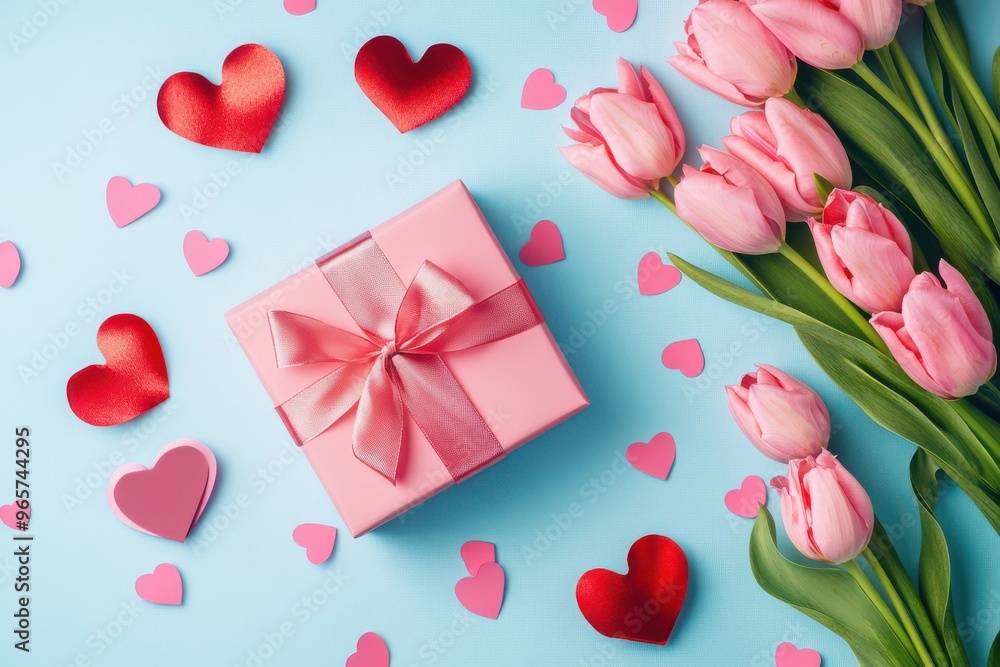 Tulips, Hearts, and Gift Box Flat Lay for Valentines Day Tulips, Hearts, and Gift Box Flat Lay for Valentines Day