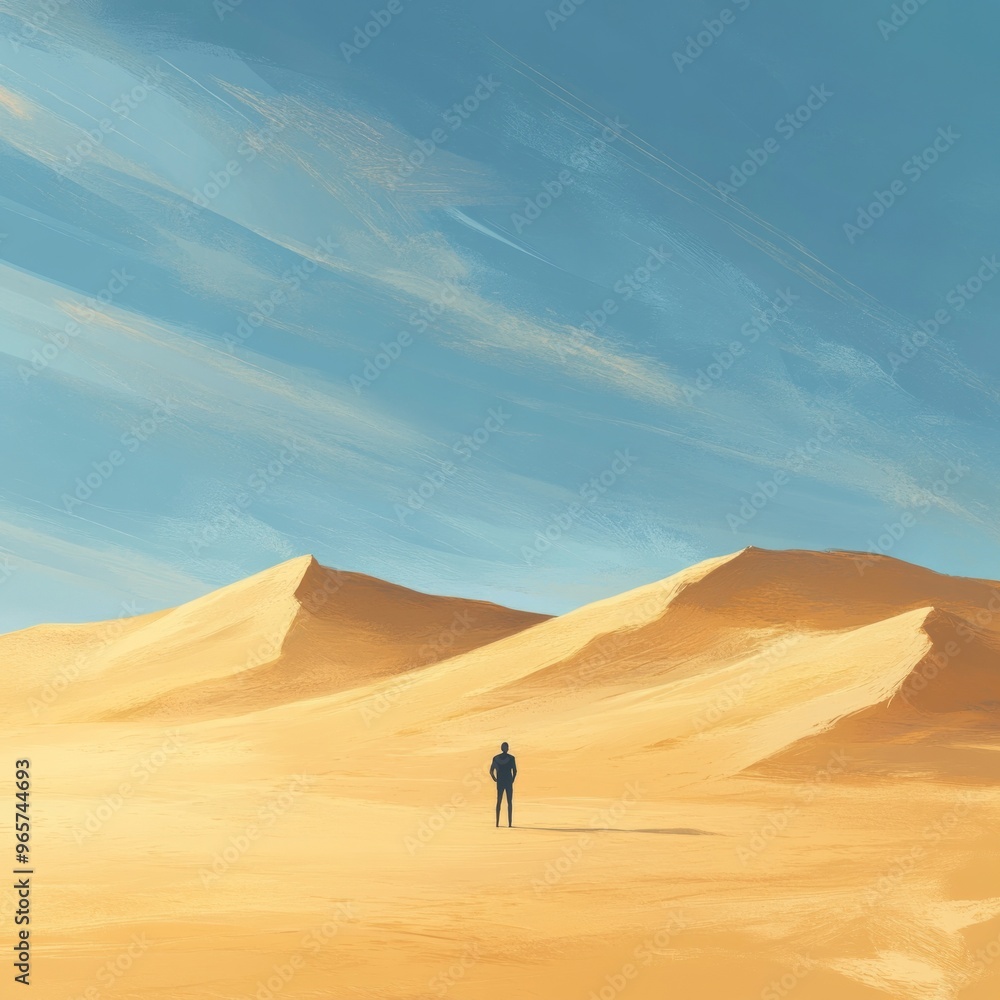 A lone figure stands in the vast desert under a bright blue sky.