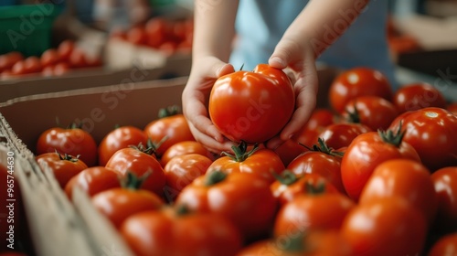 Someone carefully chooses a tomato from a market stall, showing attention to detail and care in selecting fresh produce. The vibrant red tomatoes reflect their ripeness and quality. photo