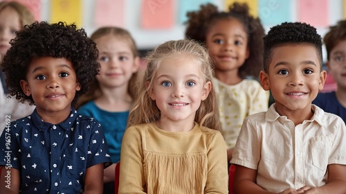 Group of diverse elementary school children smiling and looking at the camera.