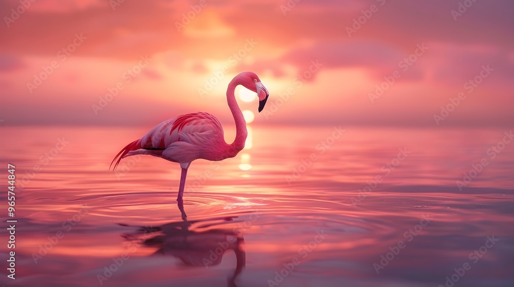 Fototapeta premium Vibrant Pink Flamingo Standing in Serene Sunset Reflection