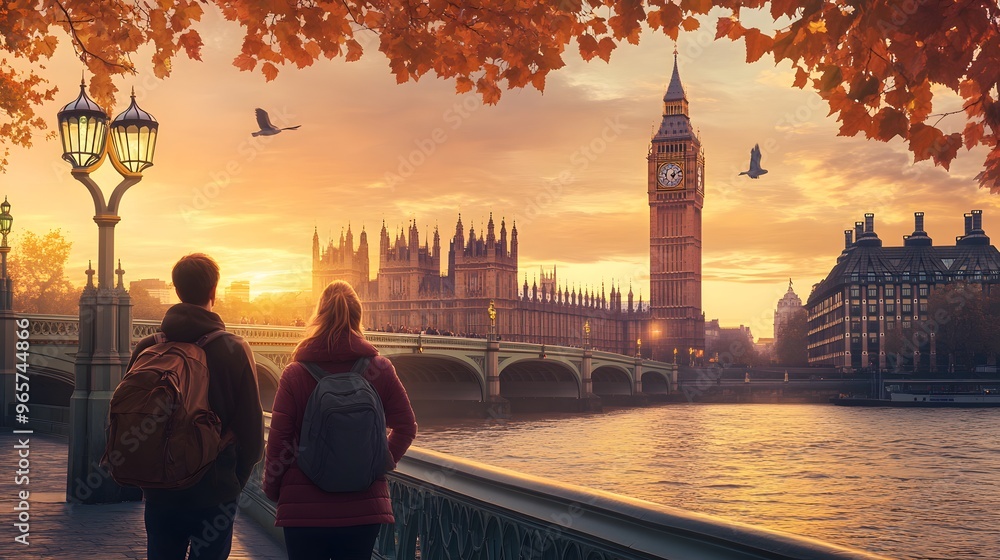 Obraz premium Couple Admiring Big Ben London Skyline at Sunset