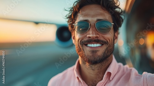 A joyful man in a pink shirt and sunglasses stands near an airplane during sunset, radiating happiness and adventure as he enjoys the open skies and the allure of travel. photo