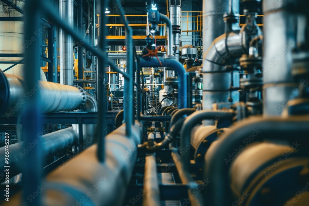Intricate system of pipes and machinery operating within a modern industrial plant, showcasing the complexity of manufacturing processes Intricate system of pipes and machinery operating within a modern industrial plant, showcasing the complexity of manufacturing processes