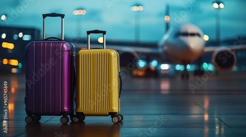 Two suitcases at the airport with a plane in the background.