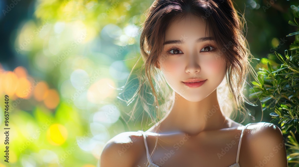 Serene Asian Woman in Stylish Summer Tank Top Posing Gracefully in a Sunlit Park with Lush Greenery and Floral Background Serene Asian Woman in Stylish Summer Tank Top Posing Gracefully in a Sunlit Park with Lush Greenery and Floral Background