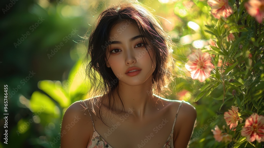 A beautiful Asian model in a casual summer tank top with gal style posing in a sunlit park with bright greenery and flowers in the background A beautiful Asian model in a casual summer tank top with gal style posing in a sunlit park with bright greenery and flowers in the background