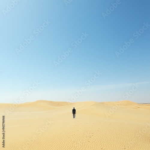 A lone figure walks across a vast desert under a clear blue sky.