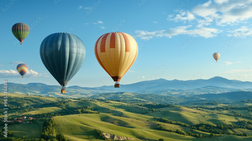 Naklejka premium Hot Air Balloons Floating Over Green Hills and Valleys
