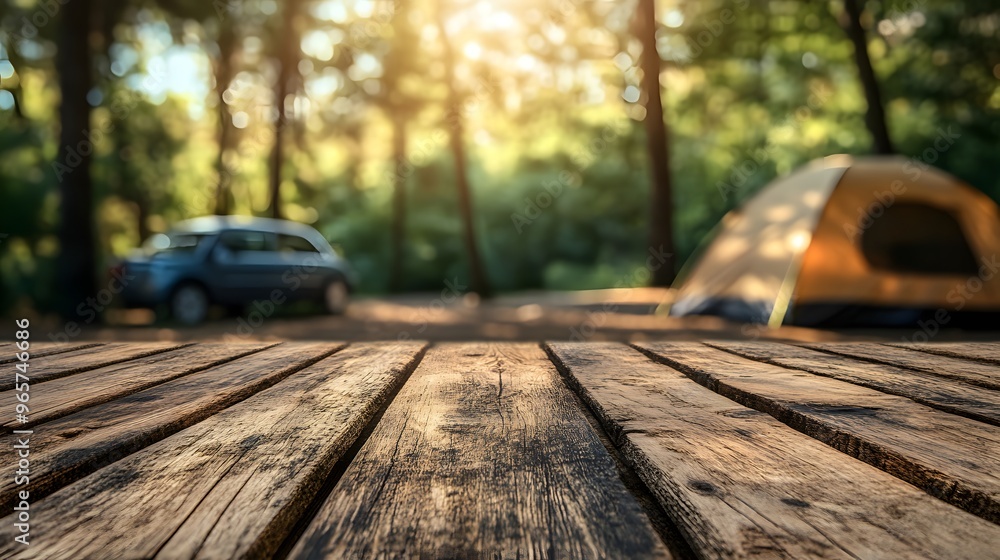Rustic Wooden Tabletop with Blurred Forest Background Camping Tent Car Sunlight Rustic Wooden Tabletop with Blurred Forest Background Camping Tent Car Sunlight